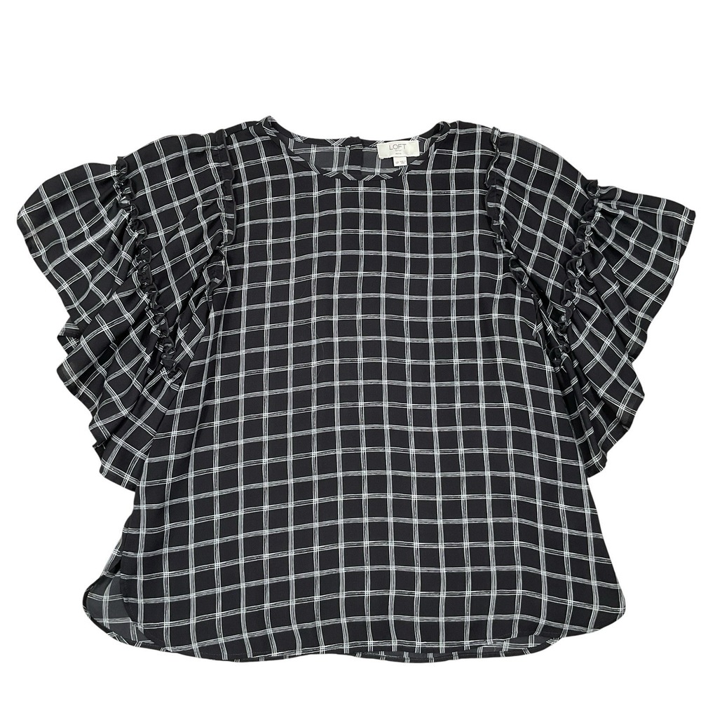 Loft Blouse Size SP Black White Ruffle Sleeve Windowpane Top‎ Button Back Rayon